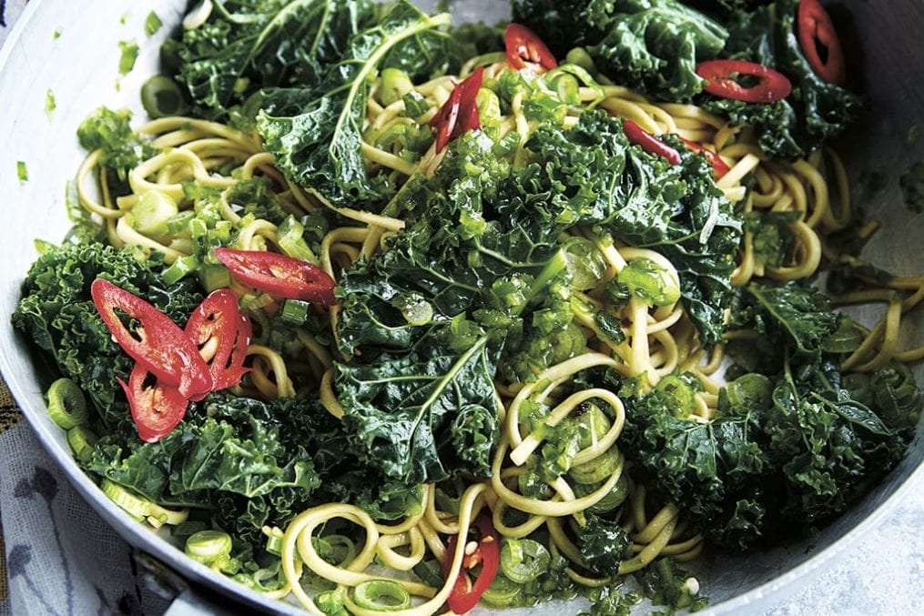 Spicy salsa verde kale egg noodles